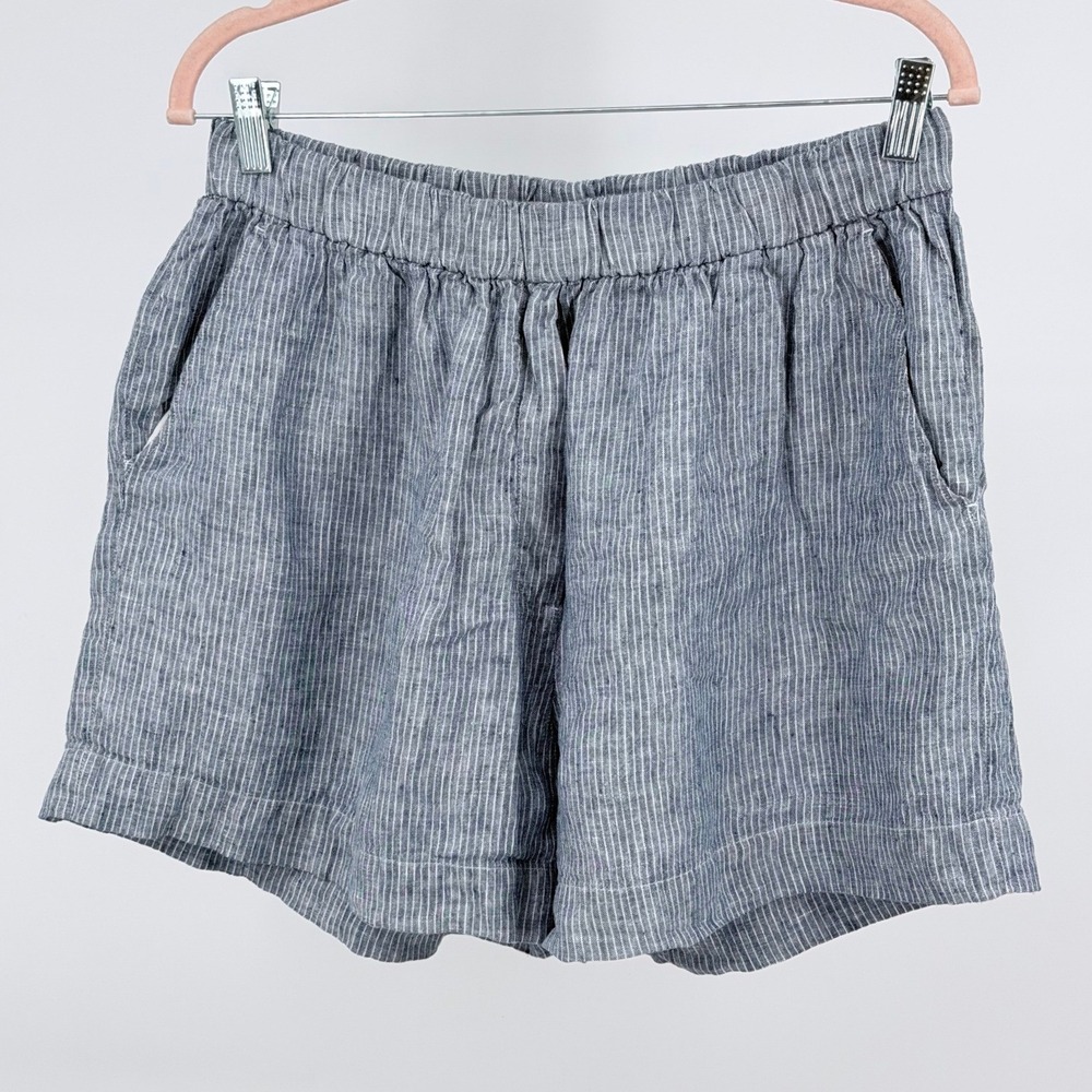 Everlane Easy Shorts Women M Blue White Pinstripe 100% Linen Pull On Pockets